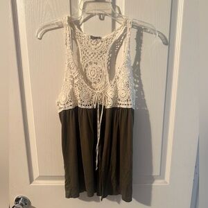 Noble U Olive Body with Cream Crochet Yoke Tank Top